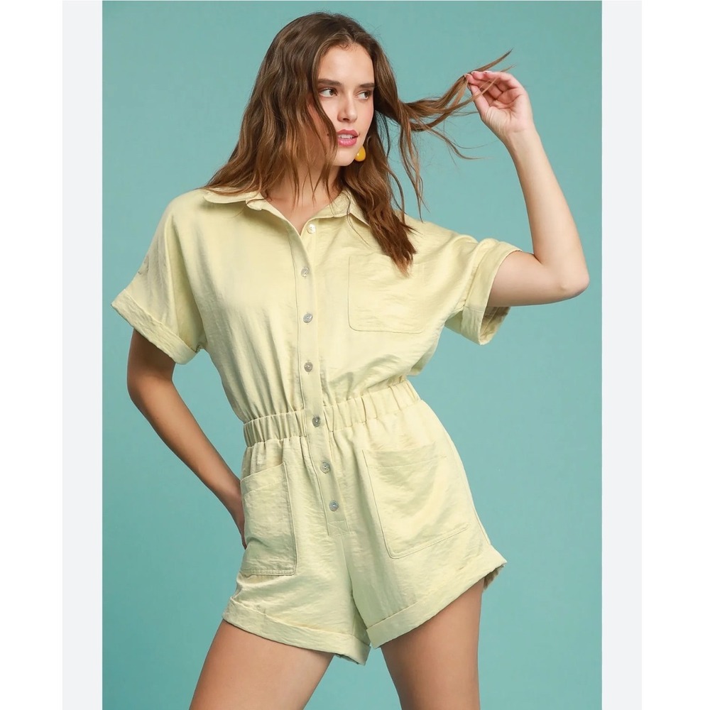 Umgee Womens Short Sleeve Button‎ Front Utility Romper Yellow Medium M